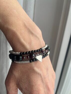 SAMATA STONES Ayurvedic 3pc Genuine Matte Onyx & Garnet Bracelet Stack - Silver